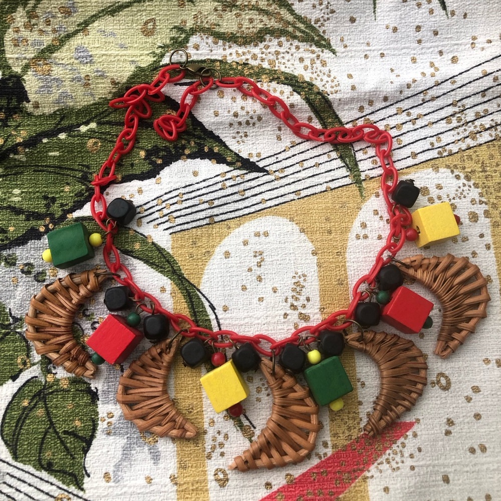 Luxulite Woven Boomerang and colorful wood accent beads,  mid-century style.